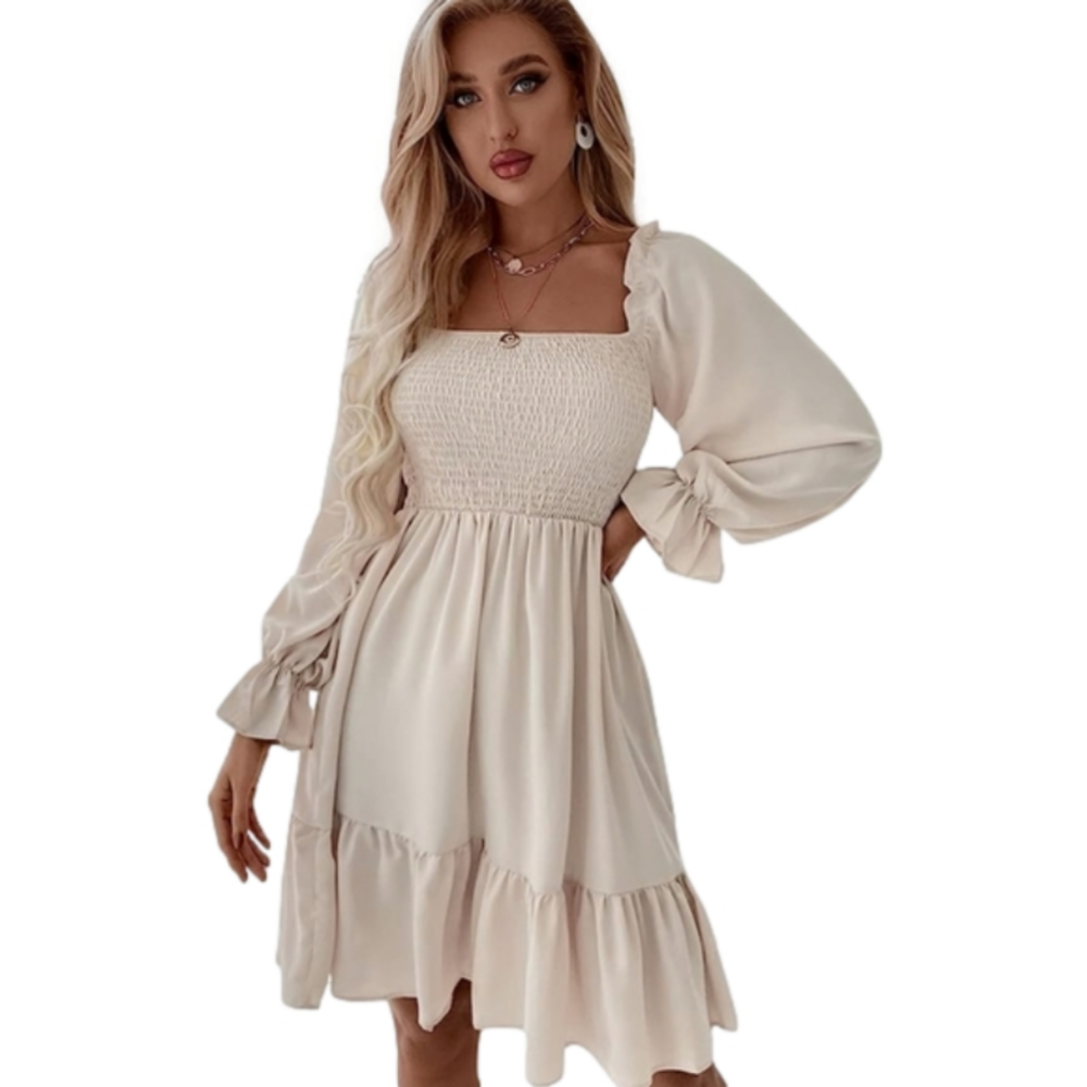 Sheln Ruffle Mini Dress Beige Smocked Long Sleeve